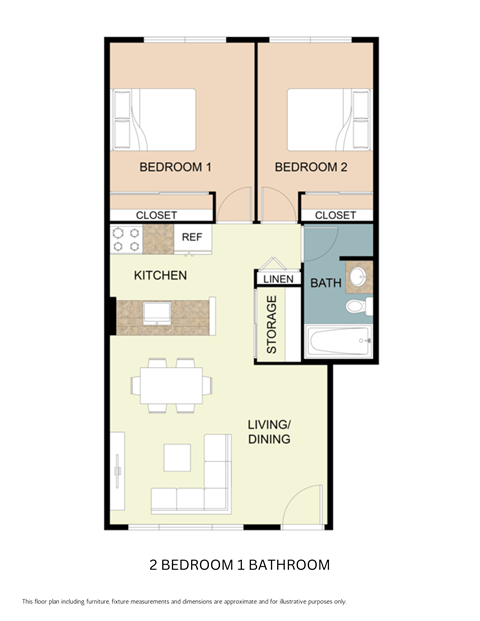 Floor plan for 2 beds, 1 bath, 635 sqft